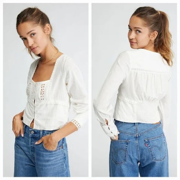 FREE PEOPLE Joi Eyelet Cropped Blouse White - Picture 4 of 9